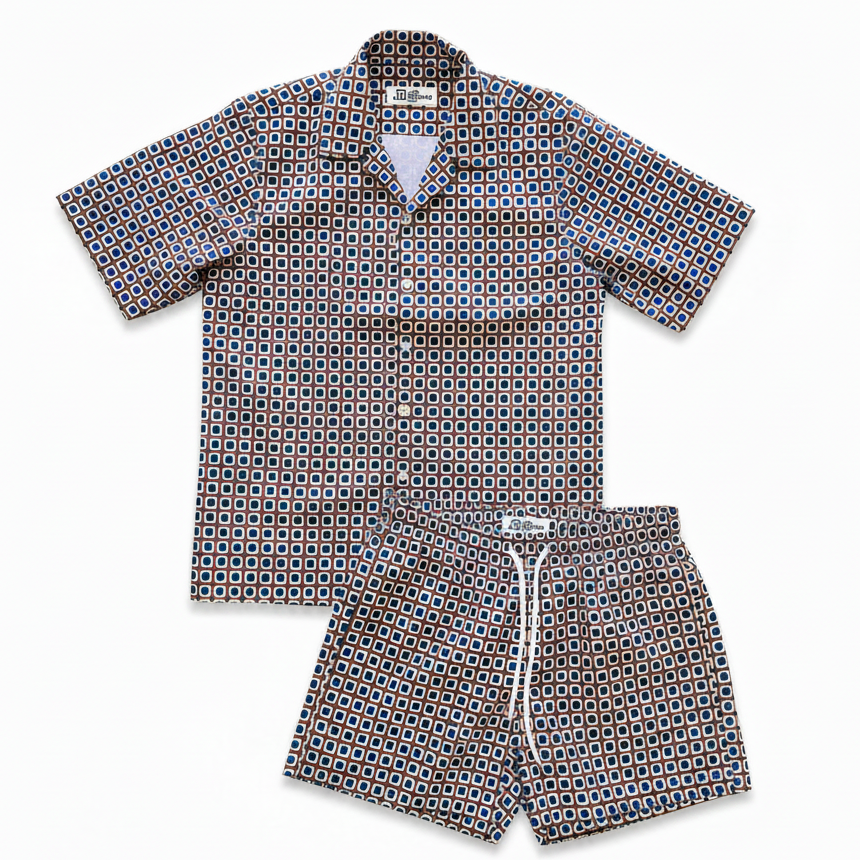 Completo Mare JF  Cabana con Stampa Geometrica Mosaico - Blu e Marrone