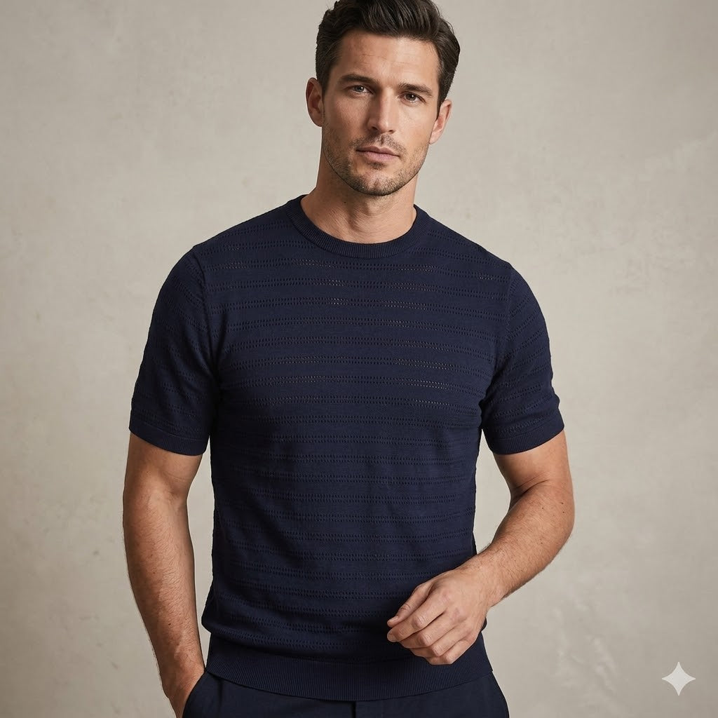T-SHIRT SEINSE TRAFORATA IN FILO BLU