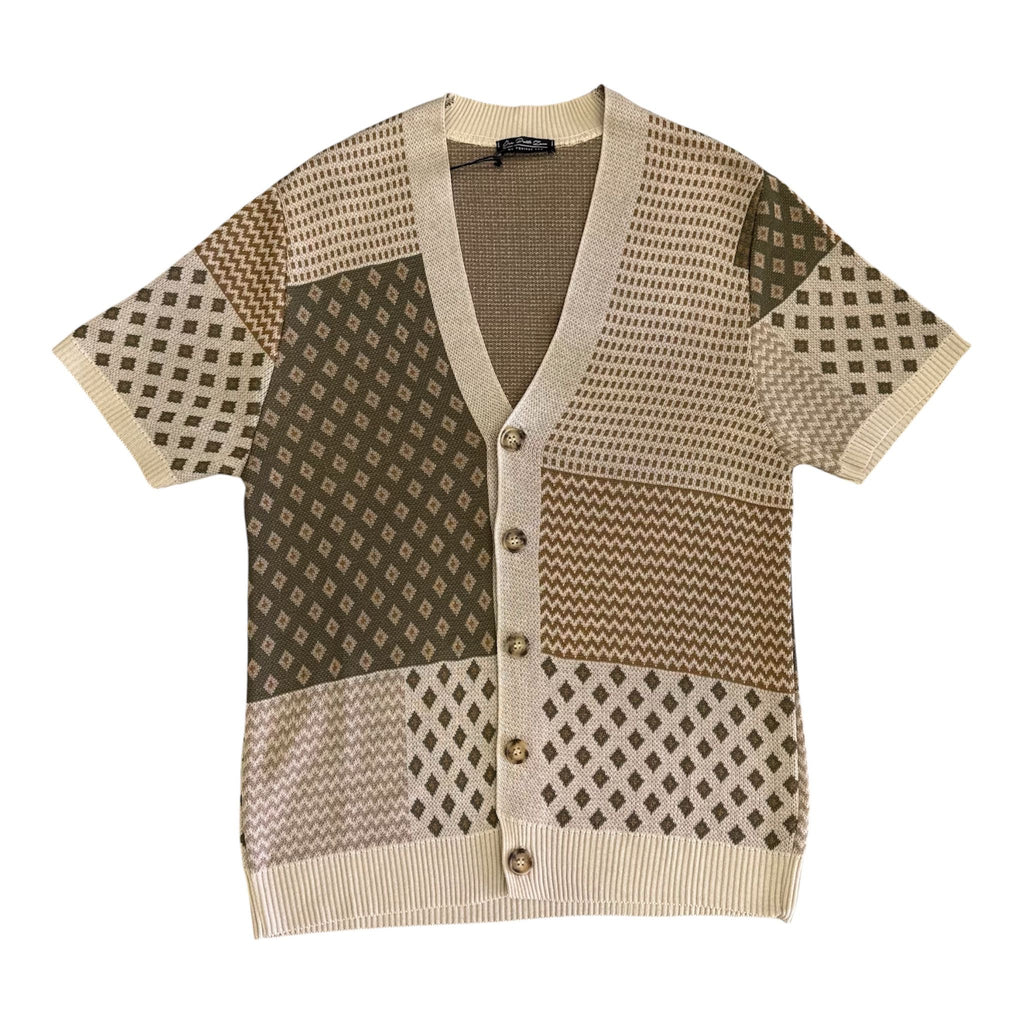Cardigan in Maglia di Cotone a Maniche Corte con Design Patchwork Geometrico