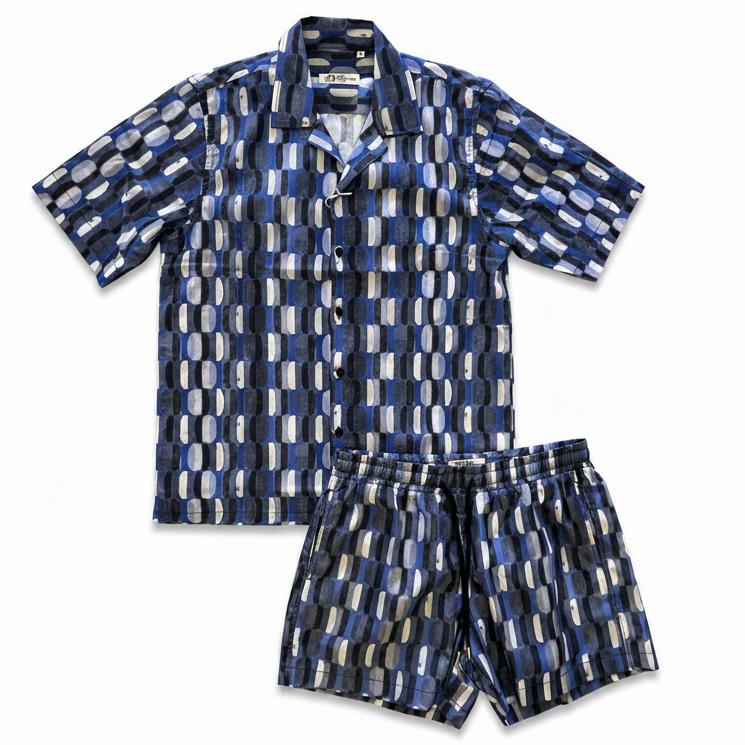 Completo Mare JF Coordinato con Stampa Optical Blu – Camicia e Costume