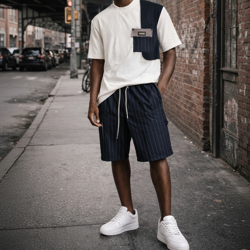 Completo T-shirt Multimaterica e Shorts Pinstripe