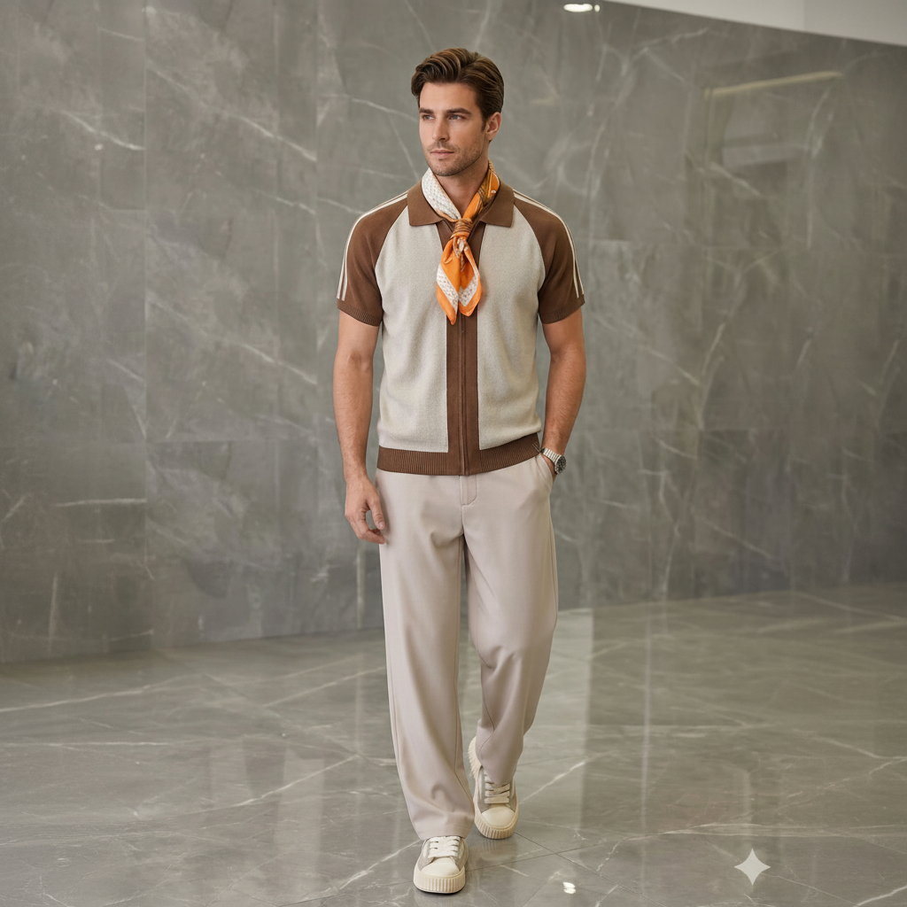 Polo in Maglia Bicolore Marrone e Crema con Zip