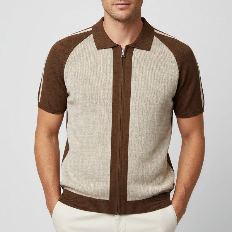 Polo in Maglia Bicolore Marrone e Crema con Zip