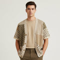 Cardigan in Maglia di Cotone a Maniche Corte con Design Patchwork Geometrico
