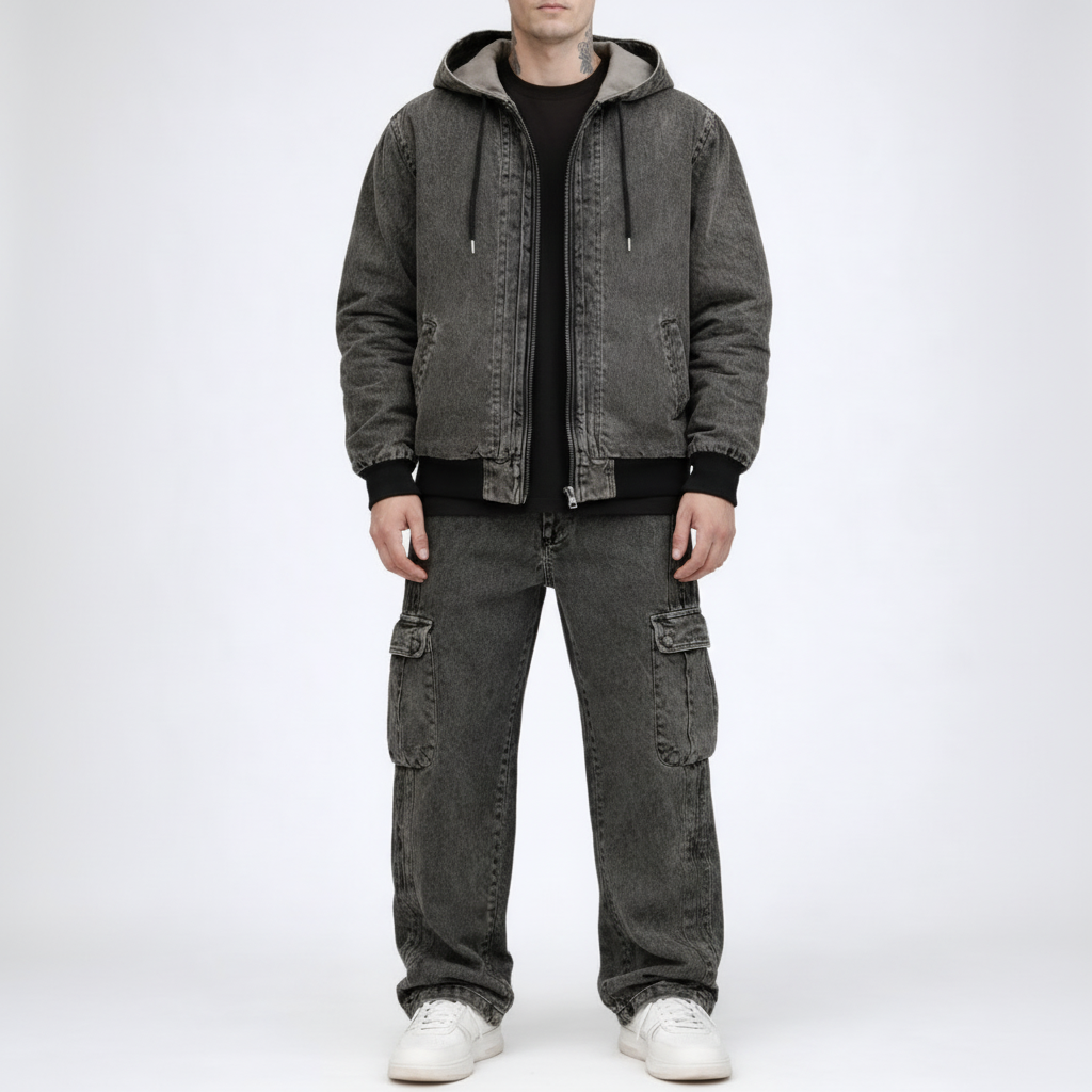 Completo STEEL SYST denim washed con Giubbino zip e cargo
